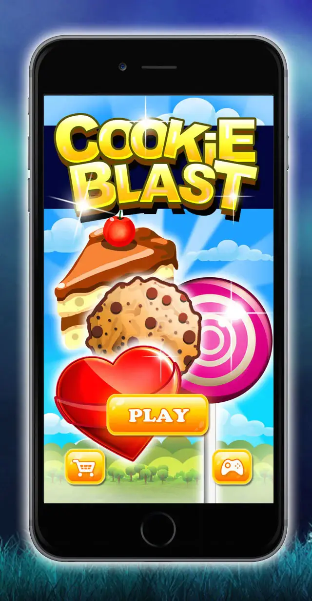 Cookie Blast - Cookie Crushing title screen with biscuits and cake
